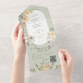 Cream & Yellow Boho Floral Sage Green QR-code All In One Uitnodiging (Afscheurbaar)