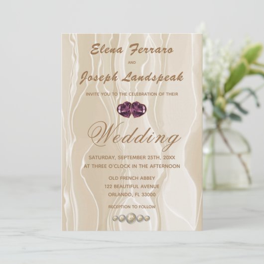 Cream Zijde & Hart Pareltjes Bruiloft Kaart (Staand voorkant)