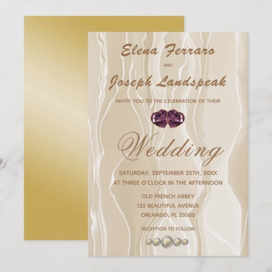 Cream Zijde & Hart Pareltjes Bruiloft Kaart (Voorkant / Achterkant)