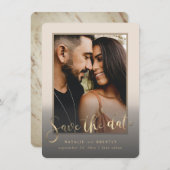Creamy Beige Gold Script & marble Photo Overlay Save The Date (Voorkant / Achterkant)