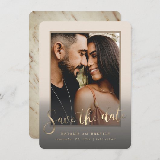 Creamy Beige Gold Script & marble Photo Overlay Save The Date (Voorkant / Achterkant)