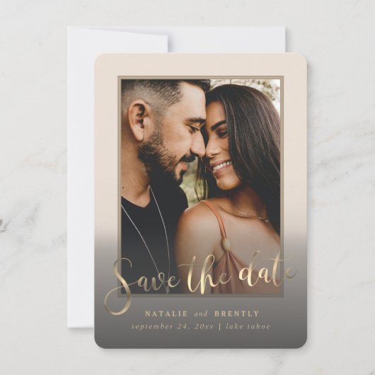 Creamy Beige Gold Script & marble Photo Overlay Save The Date (Voorkant)