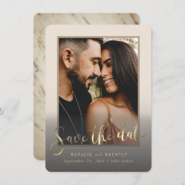 Creamy Beige Gold Script & marble Photo Overlay Save The Date