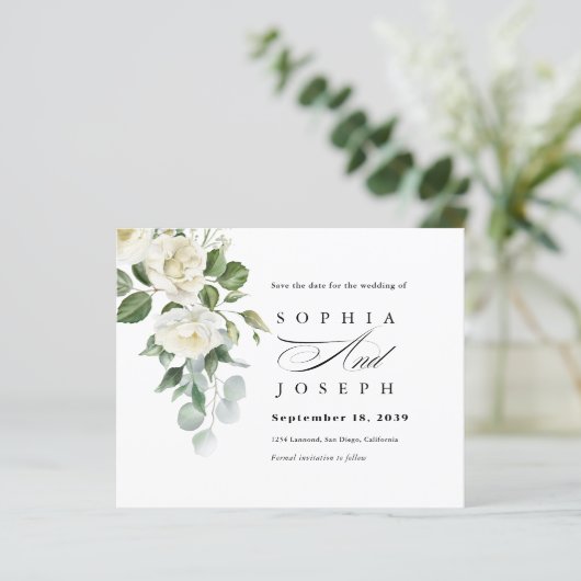 Creamy Floral Eucalyptus Wedding Save the date (Staand voorkant)