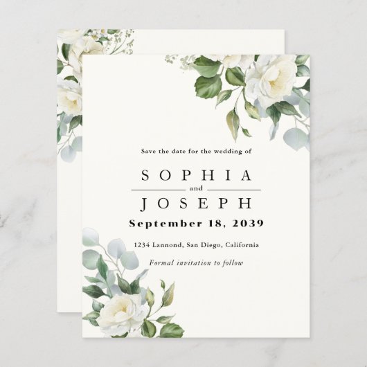 Creamy Floral Eucalyptus Wedding Save the date (Voorkant / Achterkant)