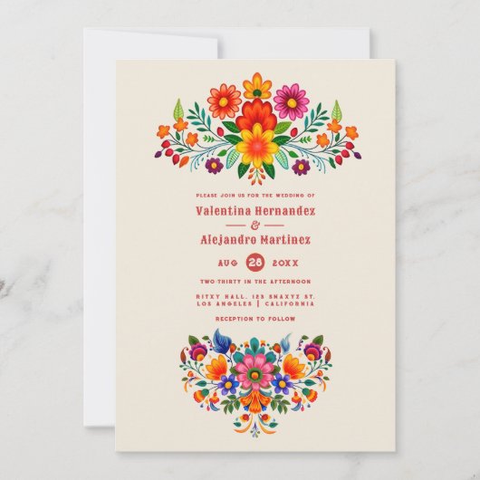 Creamy Linen & Fiesta Red Folk Art Fiesta Wedding Kaart (Voorkant)