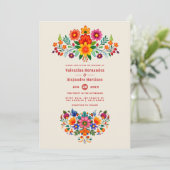 Creamy Linen & Fiesta Red Folk Art Fiesta Wedding Kaart (Staand voorkant)