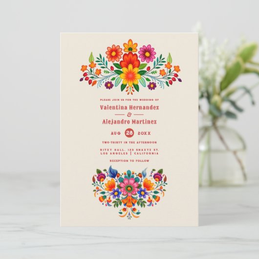 Creamy Linen & Fiesta Red Folk Art Fiesta Wedding Kaart (Staand voorkant)