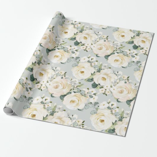 Creamy Peony en Silver Sage Eucalyptus Greenery Cadeaupapier (Uitgerold)
