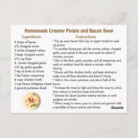 Creamy Potato and Bacon Homemade Soup Recipe Briefkaart (Achterkant)