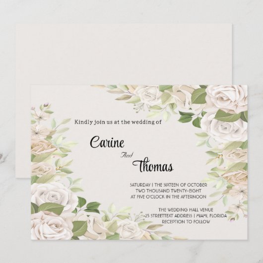 Creamy Rose Wedding Template Invitation Kaart (Voorkant / Achterkant)