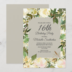 Creamy White Floral Sage Green 16th Birthday Kaart