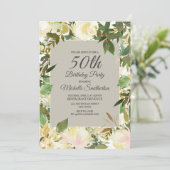 Creamy White Floral Sage Green 50th Birthday Kaart (Staand voorkant)