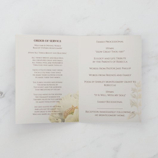 Creamy White Florals Folded Funeral Programme Programma (Binnen)