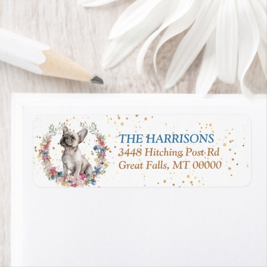 Creamy White French Bulldog Spring Flowers Wreath Etiket (Insitu)