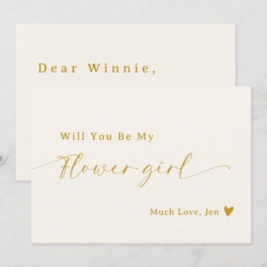 Creamy White Gold Script Bloemenmeisje Proposal Ka Kaart (Voorkant / Achterkant)