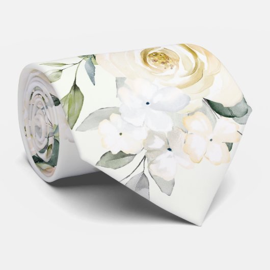 Creamy White Peony Eucalyptus Light Sage Wedding Stropdas (Opgerold)