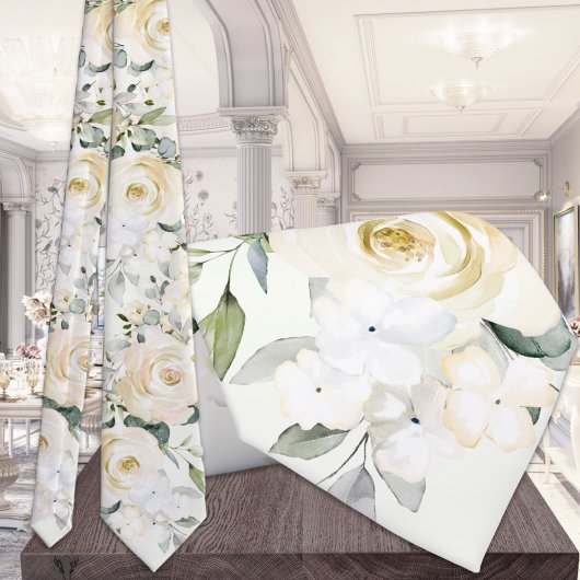 Creamy White Peony Eucalyptus Light Sage Wedding Stropdas