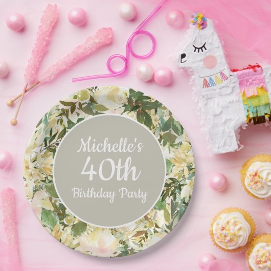 Creamy White Sage Green Floral 40th Birthday Party Papieren Bordje (Feest)