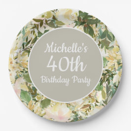 Creamy White Sage Green Floral 40th Birthday Party Papieren Bordje