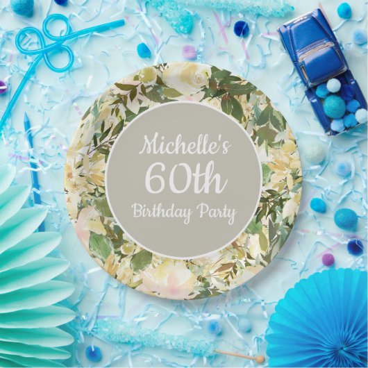 Creamy White Sage Green Floral 60th Birthday Party Papieren Bordje (Feest)