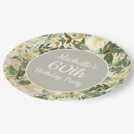Creamy White Sage Green Floral 60th Birthday Party Papieren Bordje (Gekanteld)