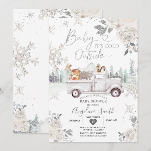 Creamy White Snowflake Floral Truck Baby shower Kaart (Voorkant / Achterkant)