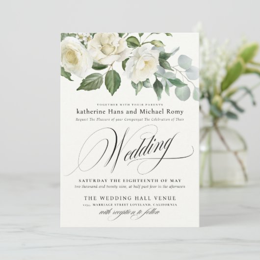 CreamyFloral Eucalyptus Script Calligraphy Wedding Kaart (Staand voorkant)