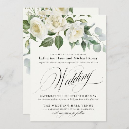 CreamyFloral Eucalyptus Script Calligraphy Wedding Kaart (Voorkant / Achterkant)