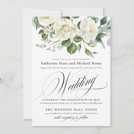 CreamyFloral Eucalyptus Script Calligraphy Wedding Kaart (Voorkant)