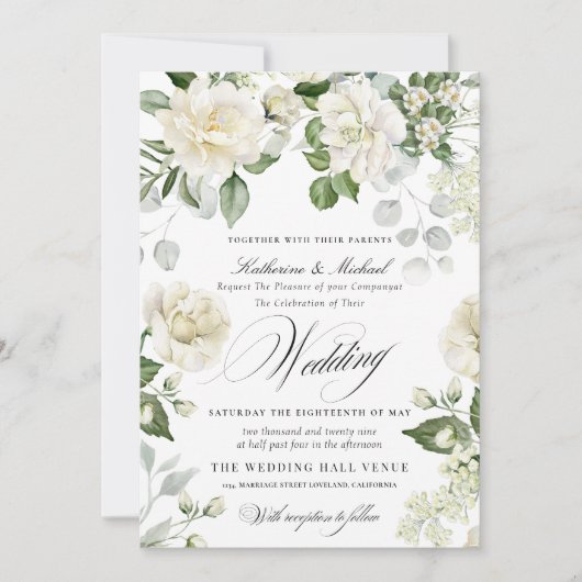 CreamyFloral Eucalyptus Script Calligraphy Wedding Kaart (Voorkant)