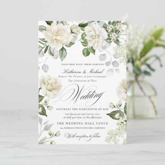 CreamyFloral Eucalyptus Script Calligraphy Wedding Kaart (Staand voorkant)