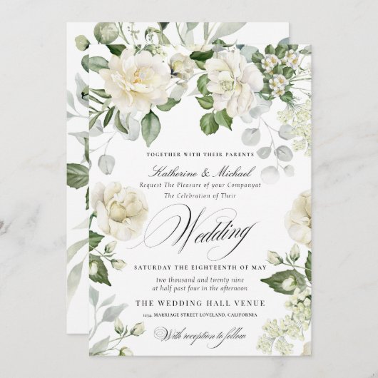 CreamyFloral Eucalyptus Script Calligraphy Wedding Kaart (Voorkant / Achterkant)