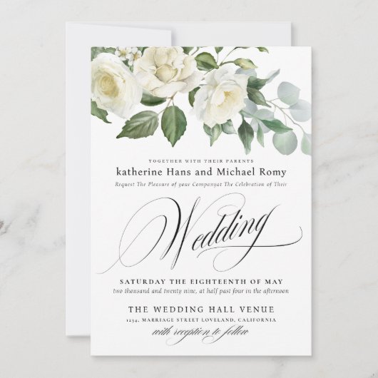 CreamyFloral Eucalyptus Script Calligraphy Wedding Kaart (Voorkant)