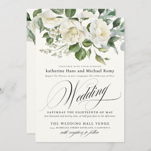 CreamyFloral Eucalyptus Script Calligraphy Wedding Kaart (Voorkant / Achterkant)