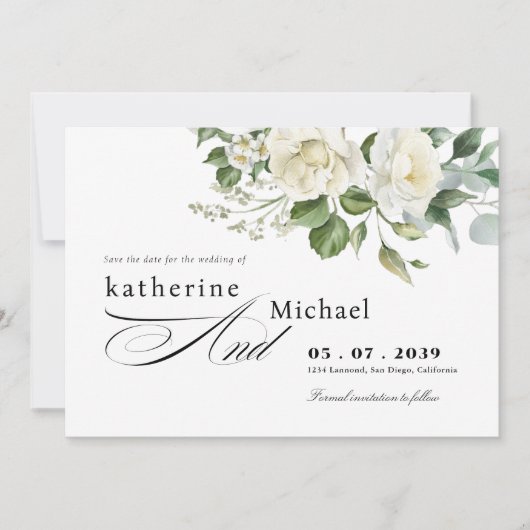 CreamyFloral Eucalyptus Script Calligraphy Wedding Save The Date (Voorkant)