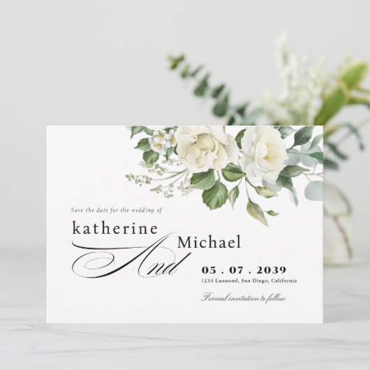 CreamyFloral Eucalyptus Script Calligraphy Wedding Save The Date (Staand voorkant)