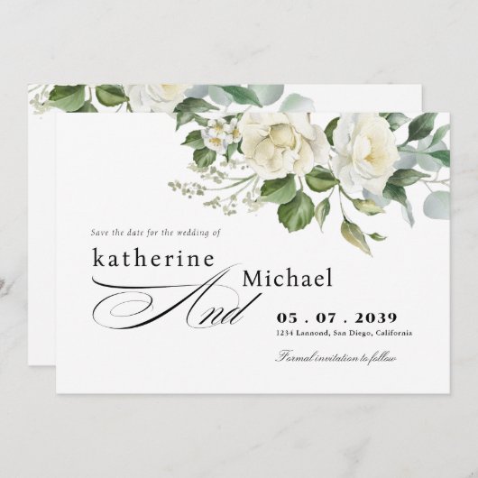 CreamyFloral Eucalyptus Script Calligraphy Wedding Save The Date (Voorkant / Achterkant)