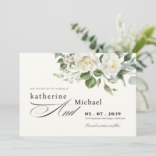 CreamyFloral Eucalyptus Script Calligraphy Wedding Save The Date (Staand voorkant)