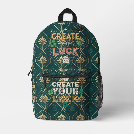 Create Your Luck – Elegant Green & Gold Motivation Bedrukte Rugzak (Voorkant)