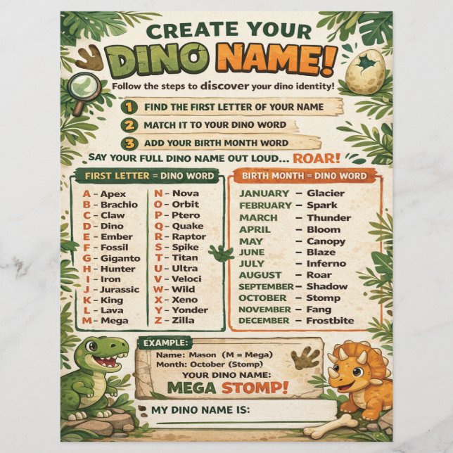 Create Your Name Dinosaur Party Game (Voorkant)