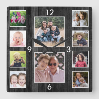 Create Your Own 10 Photo Collage Black Wood Vierkante Klok
