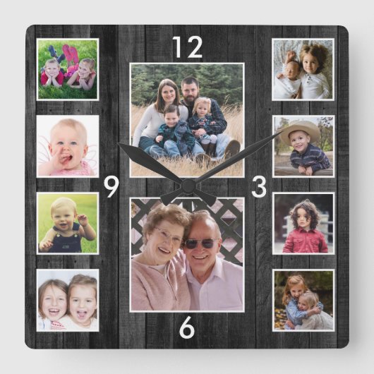 Create Your Own 10 Photo Collage Black Wood Vierkante Klok (Voorkant)