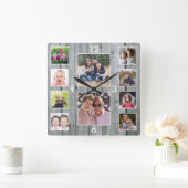 Create Your Own 10 Photo Collage Gray Wood Vierkante Klok (Huis)