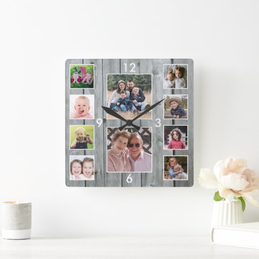 Create Your Own 10 Photo Collage Gray Wood Vierkante Klok (Huis)