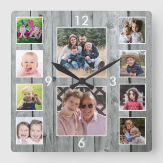 Create Your Own 10 Photo Collage Gray Wood Vierkante Klok