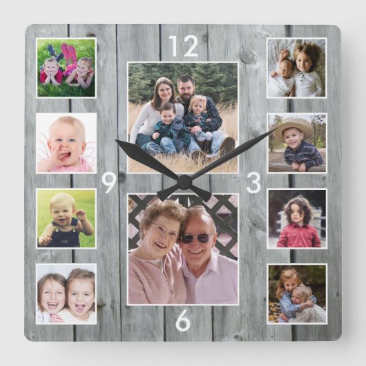Create Your Own 10 Photo Collage Gray Wood Vierkante Klok (Voorkant)