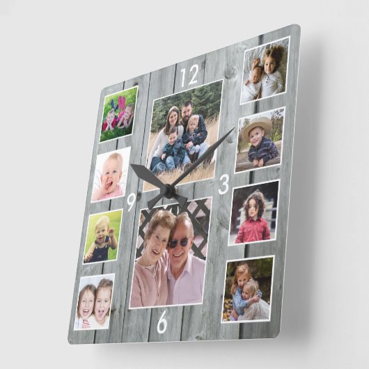 Create Your Own 10 Photo Collage Gray Wood Vierkante Klok (Hoek)