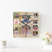 Create Your Own 10 Photo Collage Natural Wood Vierkante Klok (Huis)