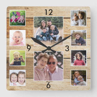 Create Your Own 10 Photo Collage Natural Wood Vierkante Klok